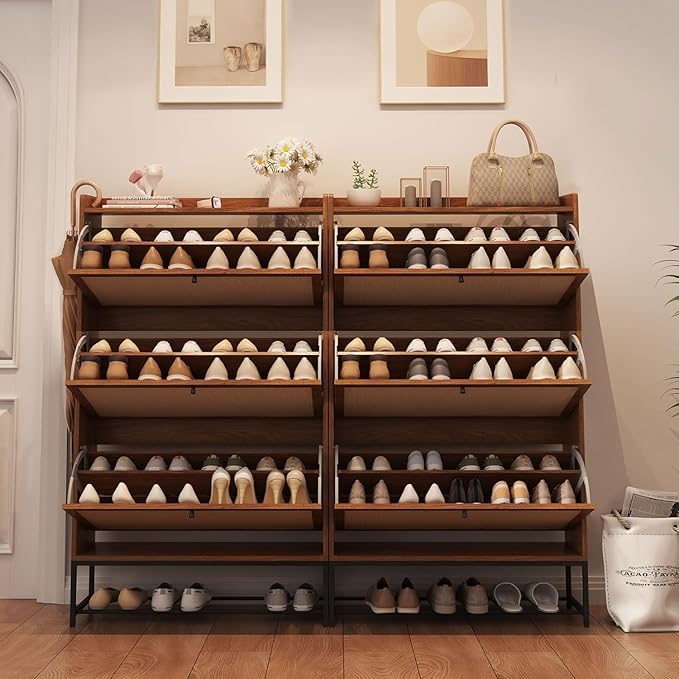 Narrow Shoe Cabinet with 3 Flip Drawers, Freestanding Shoe Organizer with Linen Doors, Slim Shoe Storage Cabinet Storage, Wooden Closed Shoe Rack for Entryway, Hallway, Living Room (Walnut)