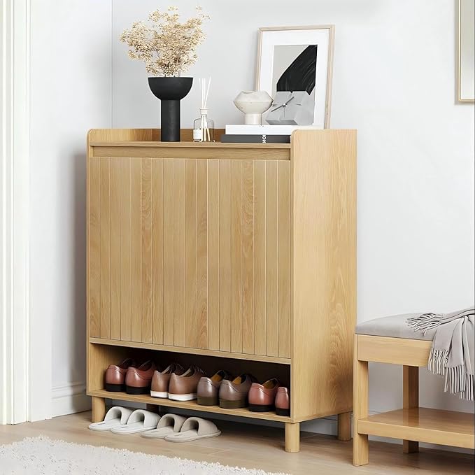 Shoe Cabinet for with Line Grooved Doors, 5-Tier Wooden Shoe Organizer Cabinet for Entryway, Hallway, Closet, Living Room, Natural Oak