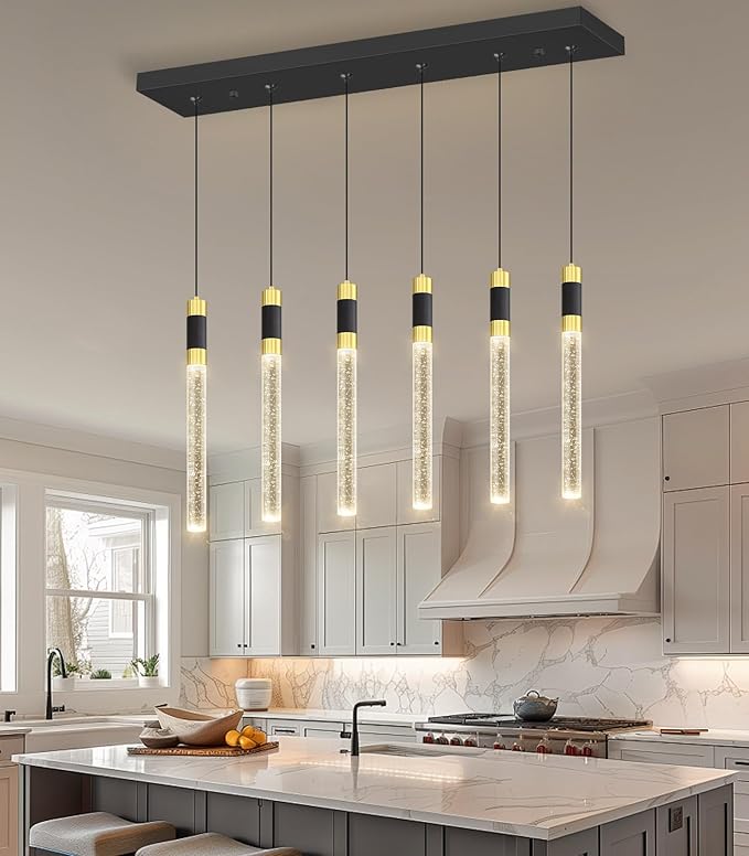 6-Lights Modern Rectangular Chandeliers for Living Room LED Dimmbale Light Fixture Entryway High Ceiling Light Pendants Lighting for Dining Room