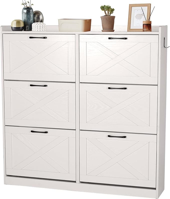 Shoe Cabinet with 6 Flip Drawers, Shoe Storage Cabinet for Entryway, Freestanding Hidden Shoe Cabinet Organizer with Open Storage, Narrow Shoe Rack with Legs, Oak White