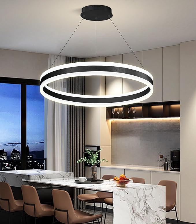 D23.6'' Modern Ring Chandelier for Dining Room LED Dimmable Pendant Lighting High Ceiling Chandelier for Living Room Foyer Bedroom Entryway 3000K-6000K Black
