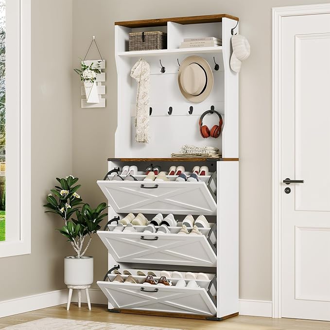 Farmhouse Tall Shoe Cabinet with Coat Rack, Narrow Hidden Shoe Storage Cabinet with 3 Flip Drawers, 2 in 1 Hall Tree with Hooks, Narrow Shoe Organizer for Entryway, Hallway, White and Walnut