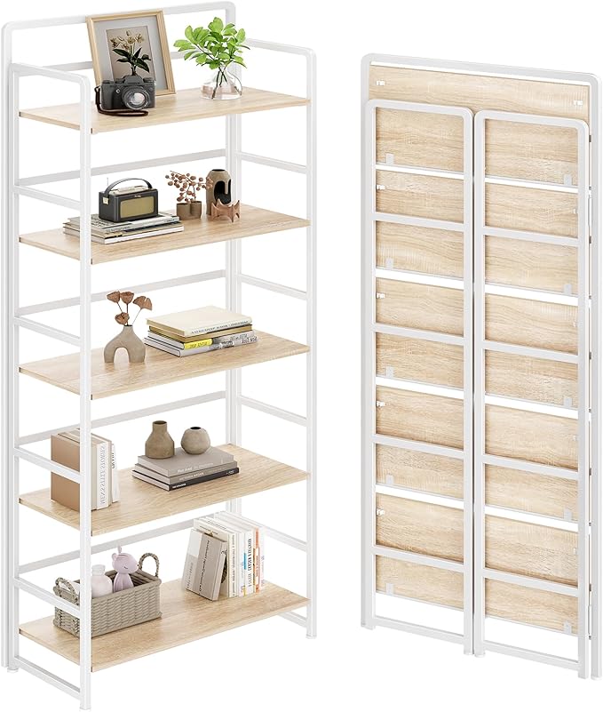 No Assembly Folding Bookshelf, 5 Tiers Collapsible Book Shelf for Home Office, Vintage Wood Foldable Bookcase Storage Organizer for Living Room Bedroom (Beige)