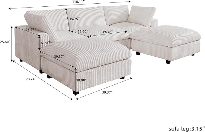 JACH 118" U Shape Modular Sofa for Living Room, Convertable Sectional Couch with Chaise Ottomans, Modern Deep Seat Sofas, Sofa Covers Washable, Minimalist Plush Couch for Living Room, Apartment, Beige