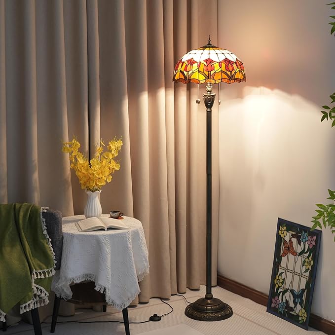 Tiffany Floor Lamp Red Tulip Style Stained Glass Standing Reading Light 16X16X64 Inches Antique Unique Pole Corner Tall Decor Lamp for Bedroom Living Room Home Office