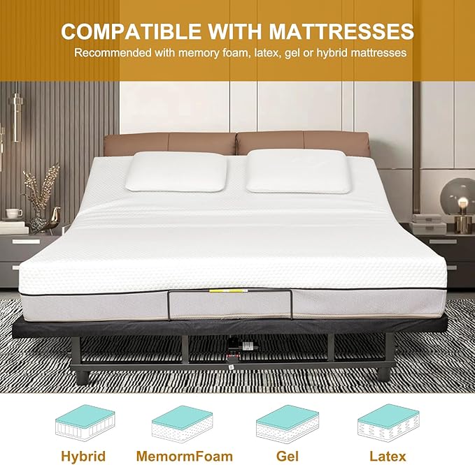 King Size Adjustable Bed Frame with Wireless Remote, Ergonomic Electric Adjustable Bed Base with Quiet Motor, USB Ports&Underbed Nightlight, Head and Foot Incline, Zero Gravity Bed, Easy Assembly
