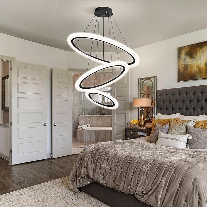 Modern LED Chandelier 3 Ring Chandelier for Dining Room Living Room Pendant Lighting High Ceiling Hanging Light Fixture for Bedroom Foyer Black