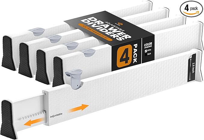 RAPTUROUS Adjustable Drawer Dividers 4 Pack, 2.5" High, 13-22" Long, Dresser Drawer Organizer for Bedroom, Closet, Kitchen, Nursery, Office, Strong Hold, Soft Foam Edges, White