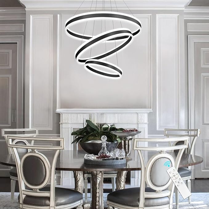 D23.6'' Modern LED Dimmable Chandeliers for Dining Room 3-Rings High Ceiling Chandelier for Living Room Adjustable Pendant Light Flush Mount Light Fixture for Foyer Entryway Bedroom 3000K-6000K