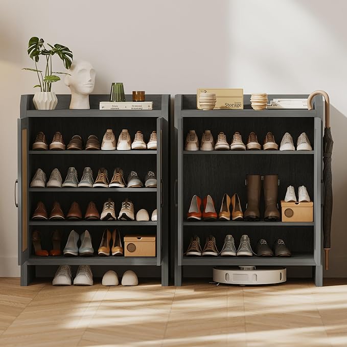 Shoe Cabinet Storage for Entryway, Natural Rattan Shoes Cupboard, Wooden Shoe Rack with Doors and Shelves, Farmhouse Boho Wood Shoe Organizer Cabinet for Hallway Black