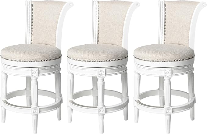 Maven Lane Pullman Counter Stool 26 Inches – Set of 3 – Swivel Stools with Footrest – White Solid Wood Frame & Natural Fabric Upholstery – Perfect for Kitchen Islands & Counters