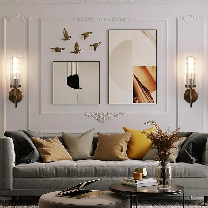 15" Knurled Brass Wall Sconces Set of 2, Bronze Bathroom Vanity Light Fixtures with Vertical Striped Glass Tube, Modern Lamp Lighting for Bedroom, Living Room, Hallway, Staircase, Mirror, Kitchen