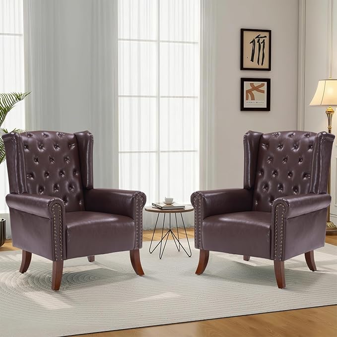 MOJAY Mid-Century Modern Living Room Chairs Set of 2, Upholstered Faux Leather Accent Chairs Club Arm Chair, Single Sofa Chair with Solid Wooden Legs for Bedroom Study Home Office Lounges(Caramel)