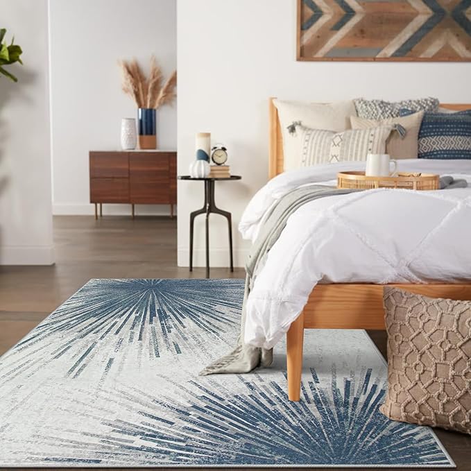 Lahome Modern Floor Rugs for Living Room - Machine Washable Rugs 5x7 Throw Soft Bedroom Area Rug Ultra-Thin Non-Slip Dining Room Rug, Abstract Print Carpet Rug for Office Kitchen (Blue/Gray, 5'x7')