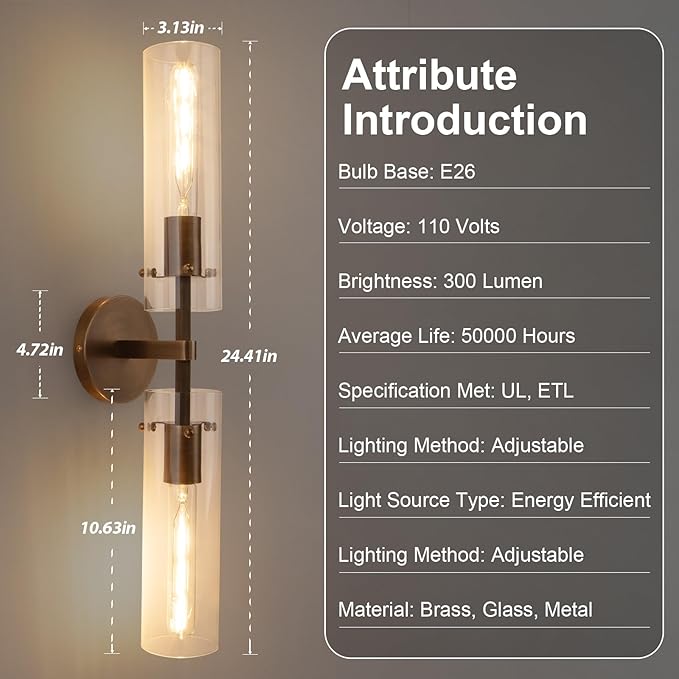 Brass Bronze 2-Light Knurled Wall Sconce, Dual-Head Vanity Lamp with Clear Glass Tube, Bathroom Wall Sconces, Wall Lights for Living Room Bedroom Hallway Kitchen Bathroom Mirror