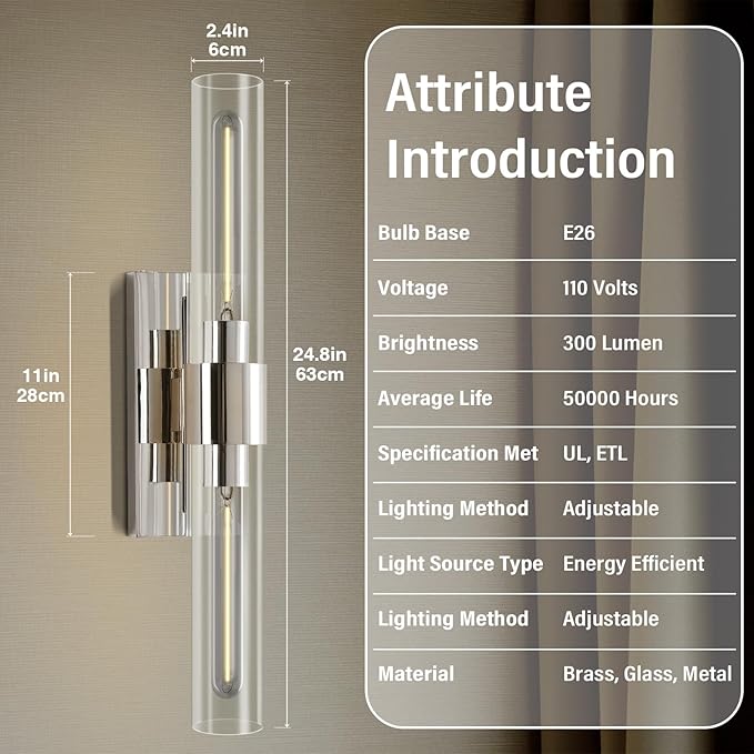 Wall Sconces Set of Two 22.8" Indoor Wall Light Fixtures, Nickel Bathroom Vanity Light Fixtures with Clear Glass, Modern Wall Lamp for Bathroom Living Room Bedroom Hallway(Bulb Included)