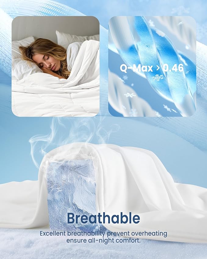 Cooling Comforter Queen Size, Breathable Blanket for Hot Sleepers & Night Sweats, Q-Max>0.46 Tech, Summer Lightweight & Skin-Friendly Bedding, 90"x90", White
