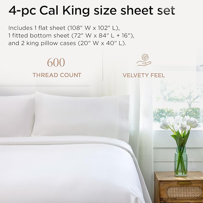 Threadmill 100% Cotton Sheets for Cal King Size Bed - 600 Thread Count Cal King Bed Sheets Set with 16” Deep Pocket - Sateen Weave 4-Piece Bedding Set with Cooling Effect, White