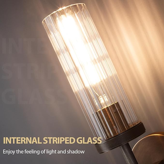 15" Knurled Brass Wall Sconces Set of 2, Bronze Bathroom Vanity Light Fixtures with Vertical Striped Glass Tube, Modern Lamp Lighting for Bedroom, Living Room, Hallway, Staircase, Mirror, Kitchen