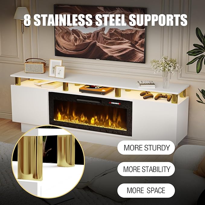 70" Modern Fireplace TV Stand with 36" Electric Fireplace for TVs Up to 80 inch, Luxury LED Light Entertainment Center with High Gloss Cabinet, TV Consoles for Living Room, White + Gold Posts