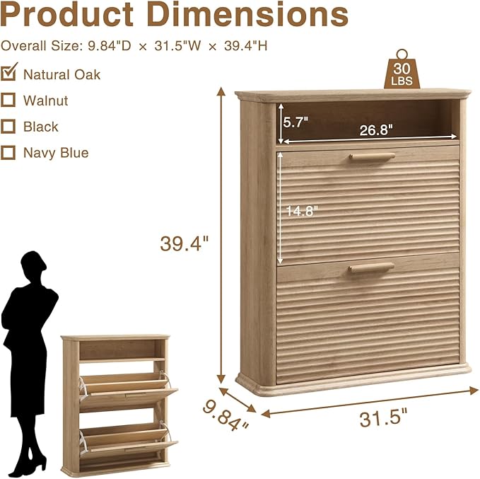 Okvnbjk Fluted Narrow Shoe Cabinet with 2 Flip Drawers, Modern Shoe Storage Cabinet with Open Storage & Curved Profile Design, Wood Shoes Rack for Entryway, Hallway, Foyer, Oak