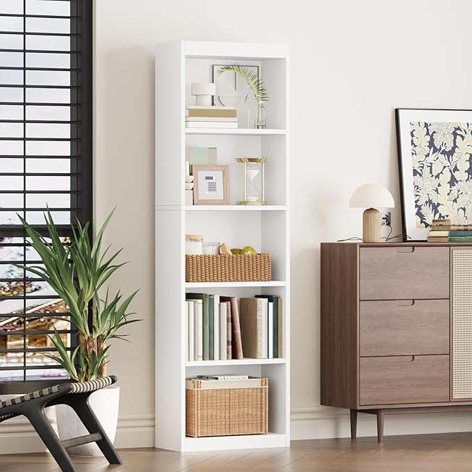 5-Tier Bookcase,Open Storage Shelf,Narrow Tall Book Shelf,Freestanding Display Storage Shelves Suitable for Home Office,Living Room and Bedroom,White