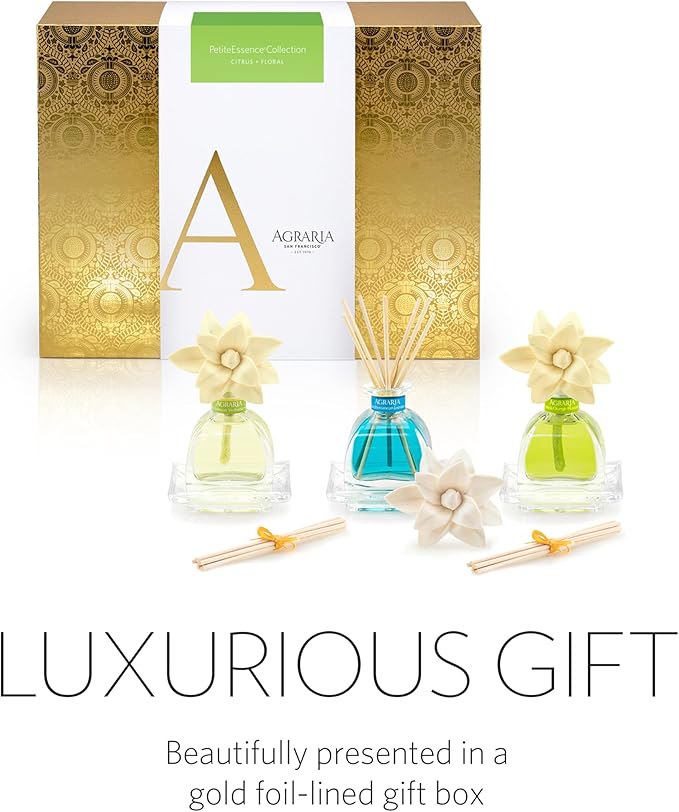 AGRARIA Citrus & Floral PetiteEssence Collection, Handmade Sola Flower Reed Diffuser Set of 3, Luxury Home Fragrance Scented Oil Diffuser Gift Set