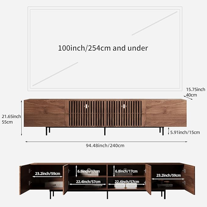 94.48" Mid Century Modern TV Stand for TVs up to 70"-90",Tv Console with 4 Storage Cabinets, Media Furniture for Living Room or Bedroom,Walnut