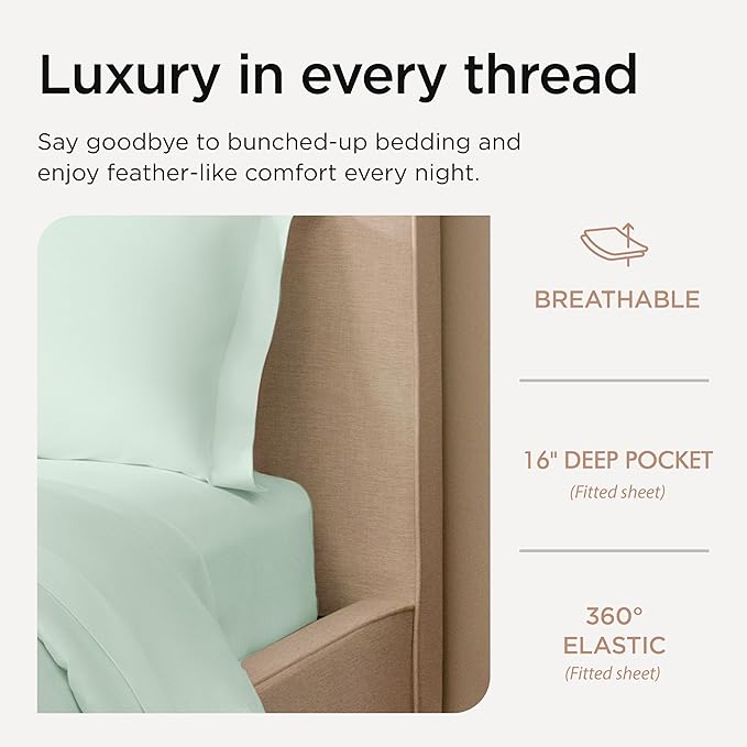 Threadmill King Size Sheets | 600 Thread Count King Bed Sheets Set for King Mattress 16” Deep Pocket | Sateen Weave 4-Piece Bedding Set with Cooling Effect | Seaglass