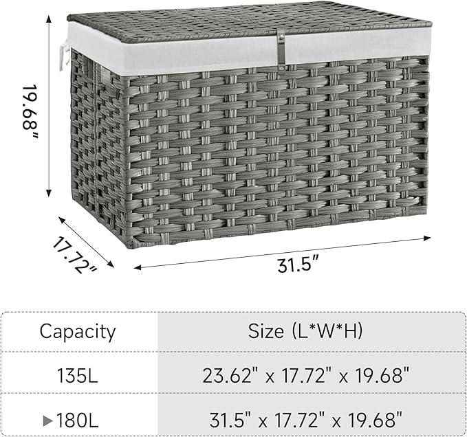 180L Wicker Storage Basket with Lid, Handwoven Rattan Large Shelf Basket with Removable Liner, 47.6 Gallon Wicker Basket for Blanket, Storage Trunk with Handle for Closet, Bedroom, Livingroom, Grey