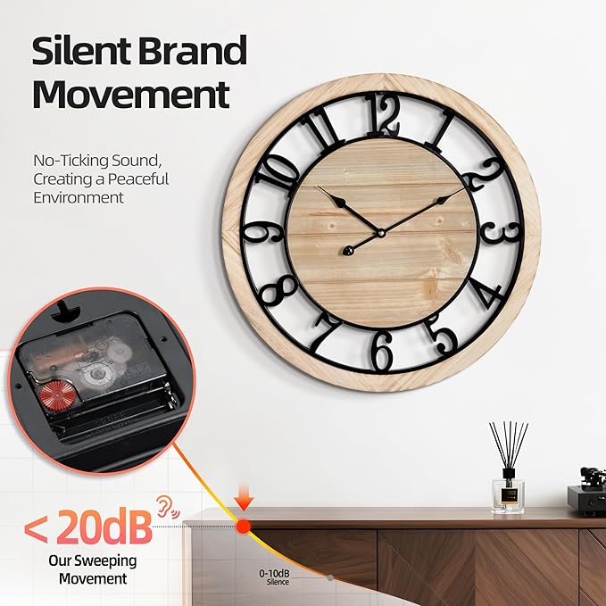 LEIKE 20 Inch Large Wall Clock - Rustic Wooden Silent Non-Ticking Wall Clock with Black Metal Frame, Vintage Farmhouse Decorative for Living Room, Bedroom, Kitchen - Arabic Numerals, Modern Design