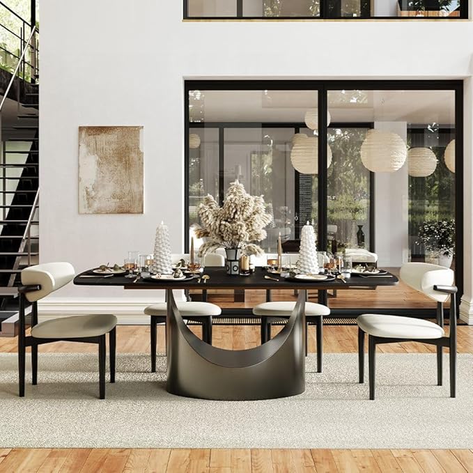 POVISON Dining Table Set for 6, PU Modern Chairs Set of 6 with 71" Matte Black Luxury Dining Room Table,Grey Carbon Steel Base (71" Table + 6 Chairs)