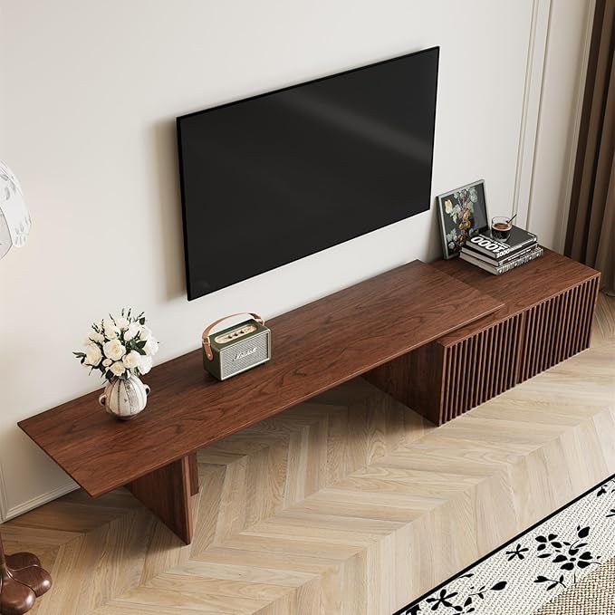 Modern TV Stand, Entertainment Center with Storage, Extendable TV Media Console for Up to 55+ Inch, Minimalist Television Cabinet for Living Room/Bedroom - Walnut (78.7"-110" Extendable)