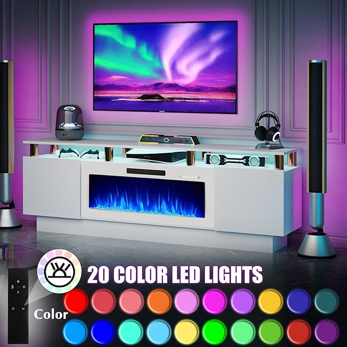 70" Modern Fireplace TV Stand with 36" Electric Fireplace for TVs Up to 80 inch, Luxury LED Light Entertainment Center with High Gloss Cabinet (White + Gold Posts with White Fireplace)
