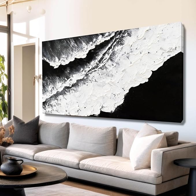 NBAODAN Abstract Wall Art Modern Artwork White Canvas Pictures Large Painting Textured Art 29"x58" Black Office Wall Decor Home Decorations for Living Room