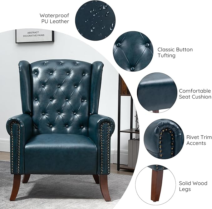 MOJAY Modern PU Leather Accent Chair, Living Room Lounge Sofa Chair with Buttons, Single Club Armchair with Rivet Trim for Bedroom Home Reception (DarkBlue)
