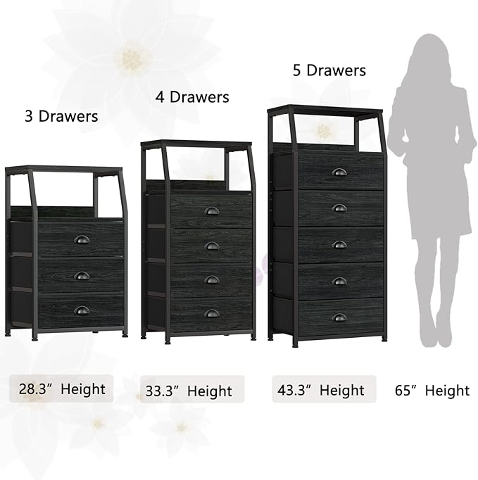 Furnulem Tall 4 Drawers Dresser, Vertical Storage Tower Black Dresser for Bedroom, Hallway, Entryway, Nursery, Closet Organizer, Nightstand Bedside Table Furniture, Sturdy Steel Frame, Wood Top
