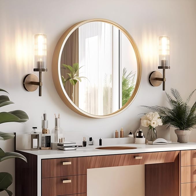 15" Knurled Brass Wall Sconces Set of 2, Bronze Bathroom Vanity Light Fixtures with Vertical Striped Glass Tube, Modern Lamp Lighting for Bedroom, Living Room, Hallway, Staircase, Mirror, Kitchen