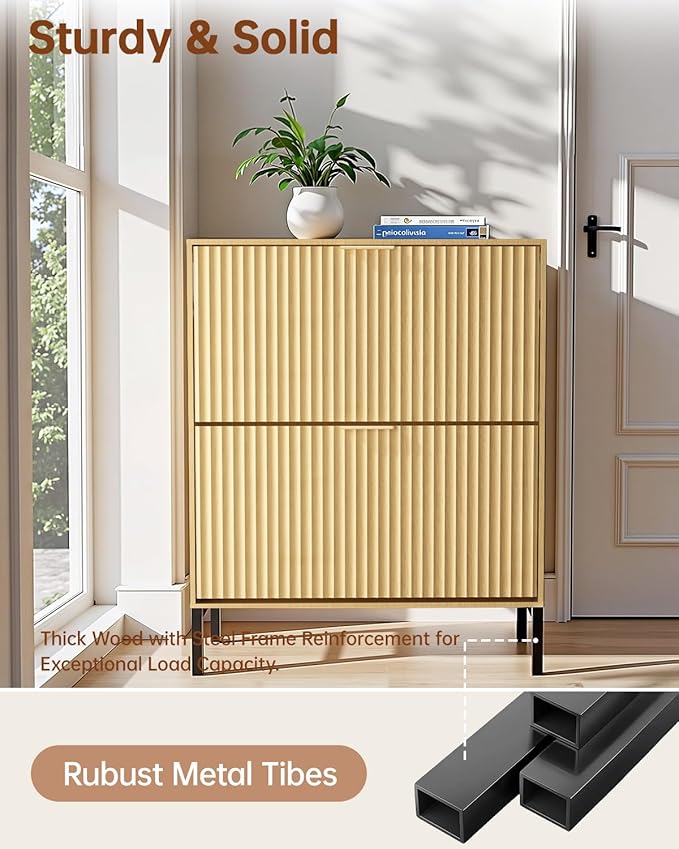 Shoe Cabinet, Fluted Shoe Cabinet Storage for Entryway with 2 Flip Drawers, Hidden Wooden Shoe Organizer with Metal Leg, Mid-Century Modern Narrow Shoe Rack for Hallway, Living Room (Nature)