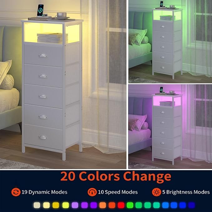 Nightstand with Charging Station,LED White Nightstands with 5 Fabric Drawers PU Finish, Bedside End Tables, 2-Tier Open Storage Shelf Side Table Nightstand with Drawers for Bedroom,White