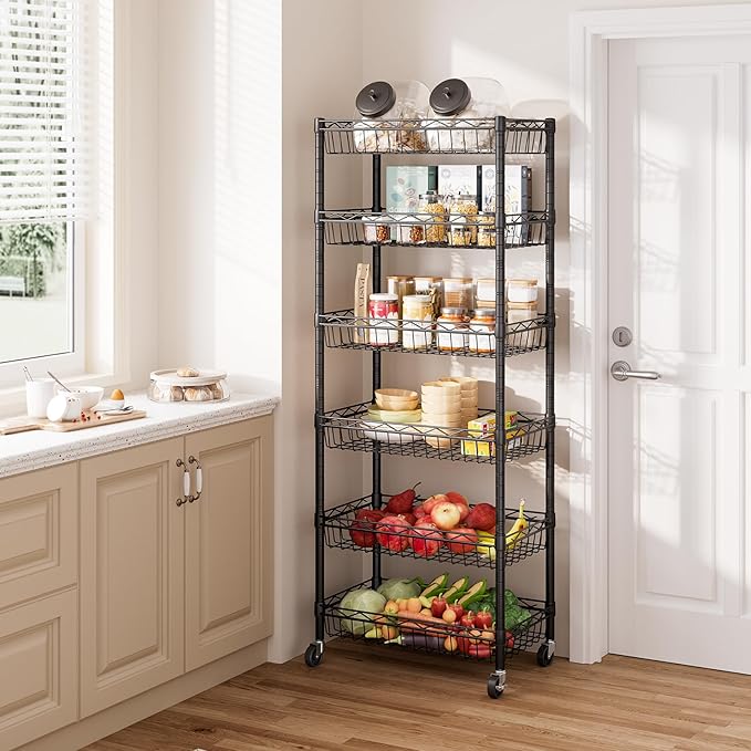 SINGAYE 6 Tier Basket Shelf Wire Shelving Unit Adjustable Storage Shelves Big Basket Rack for Garage Kitchen Office Pantry Corner 17" Dx12 Wx63 H Black