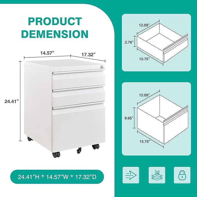3 Drawer File Cabinet with Wheels,Under Desk File Cabinet with Lock,White Rolling Filing Cabinet,Three Drawer Metal Filing Cabinets for Home Office,Fit A4/Letter/Legal,Fully Assembled Except Casters