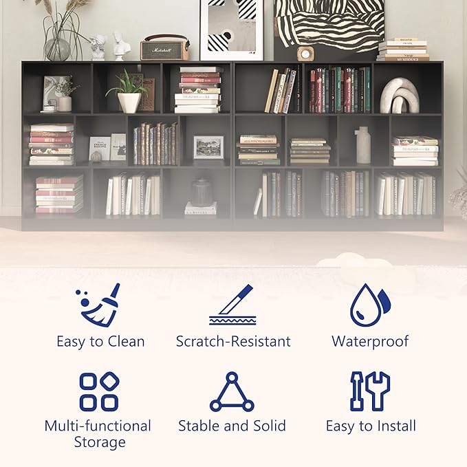 Black Bookshelf, Wooden Bookshelf with Base, Cube Storage Organizer, Bookcase for Living Room,Bedroom,Study and Office(Black, 10-Cube)