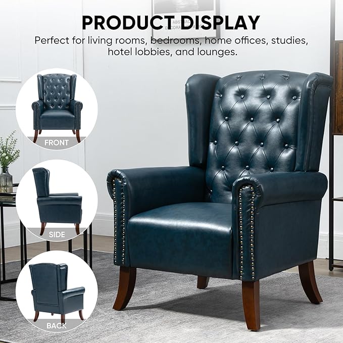 MOJAY Modern PU Leather Accent Chair, Living Room Lounge Sofa Chair with Buttons, Single Club Armchair with Rivet Trim for Bedroom Home Reception (DarkBlue)