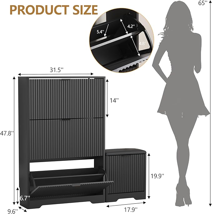 Shoe Cabinet Storage for Entryway with 4 Flip Drawers, Black Fluted Shoe Cabinet with Bench, Wooden Hidden Shoe Rack Freestanding Narrow Slim Shoes Storage Organizer for Hallway, Entrance