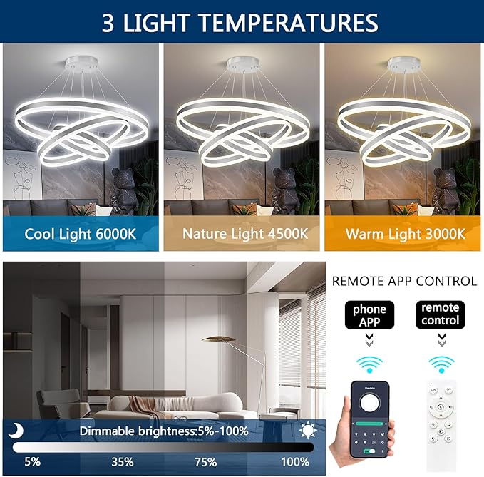 3 Ring D31.5 Modern LED Chandelier, Flush Mount Ceiling Lighting for Living Room, Adjustable Height Pendant Light for Staircase Foyer Dining Room Entryway Sliver