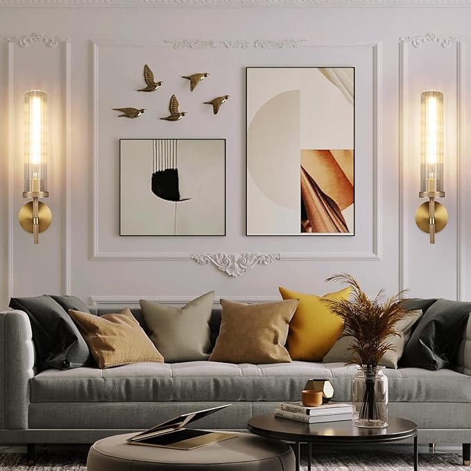 19.5" Knurled Brass Wall Sconce with Vertical Striped Glass Tube, Gold Bathroom Vanity Light Fixtures, Modern Lamp Lighting for Bedroom, Living Room, Hallway, Staircase, Mirror, Kitchen