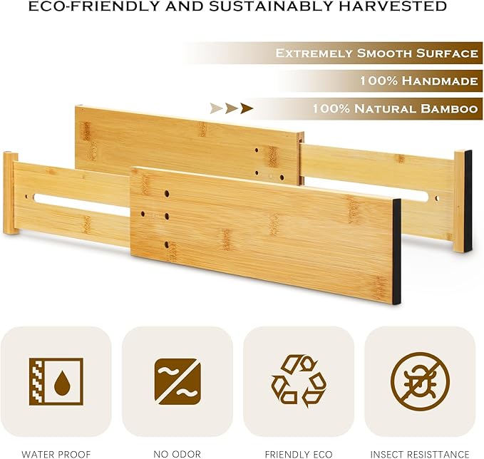 4 Pcs Deep Drawer Dividers for Clothes Adjustable 5" High Expandable from 15"-22" Bamboo Drawer Wooden Separators Spring Loaded for Dresser Baby Clothes Kitchen Office Storage