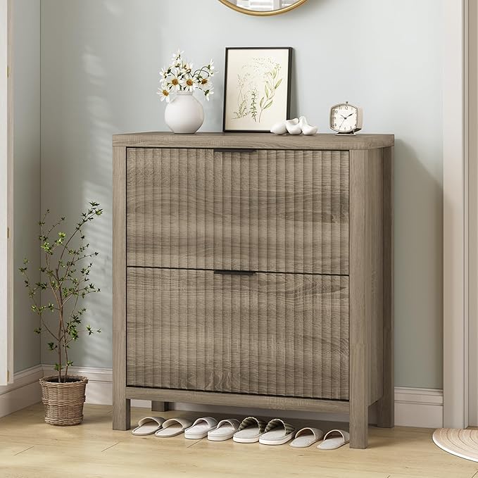Shoe Cabinet Storage for Entryway, Fluted Shoe Cabinet with 2 Flip Drawers, Hidden Shoe Rack Tall Freestanding Shoe Organizer with Legs for Hallway, Gray