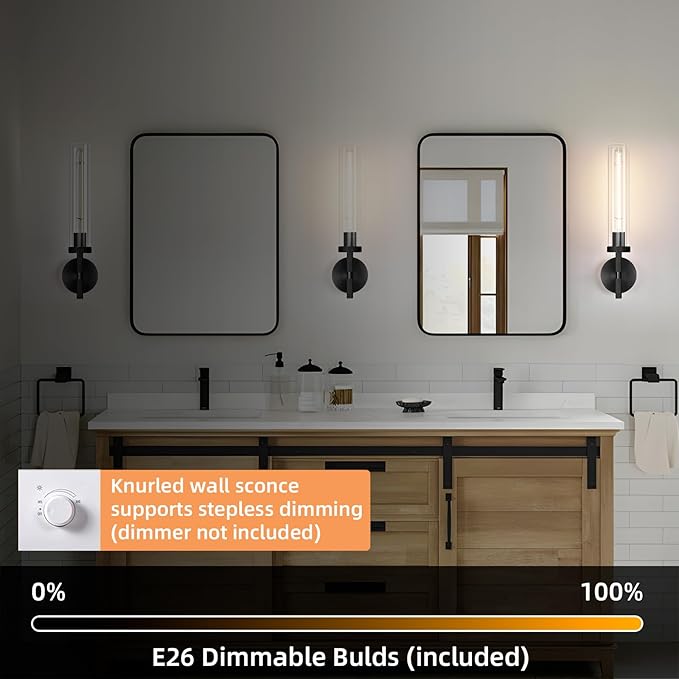 Modern Black Hardwired Wall Sconces 2 Pack, 21'' Knurled Bathroom Wall Sconce, Indoor Wall Sconce,Copper and Glass Vanity Light, for Living, Bedroom, Hallway, Staircases, Include Bulbs